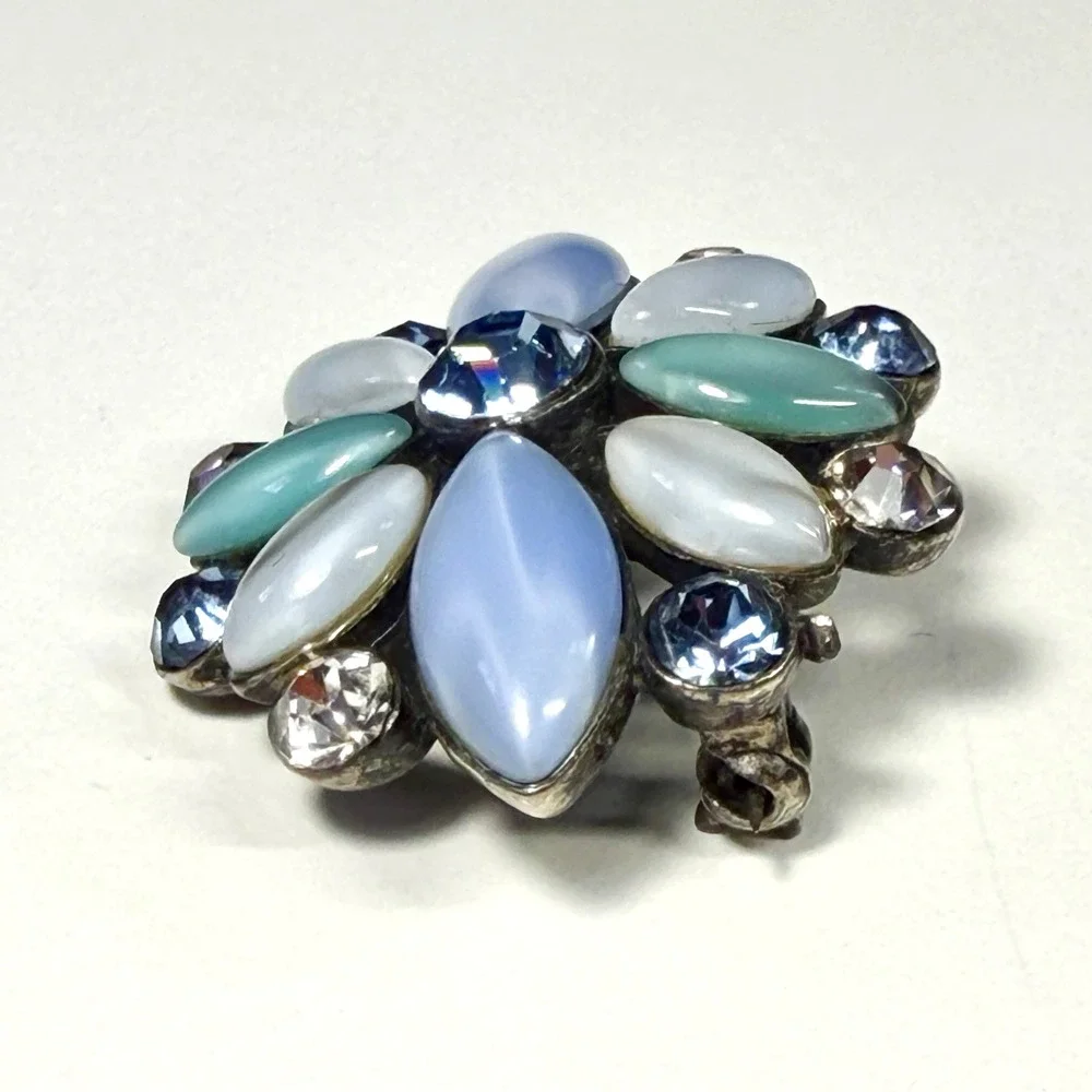 Vintage 80s Liz Claiborne Floral Brooch Blue Mint Milk Glass Rhinestone Cluster
